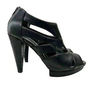 Expression Chunky Platform Caged High Heel Y2K Shoes Black Faux Leather Size 7
